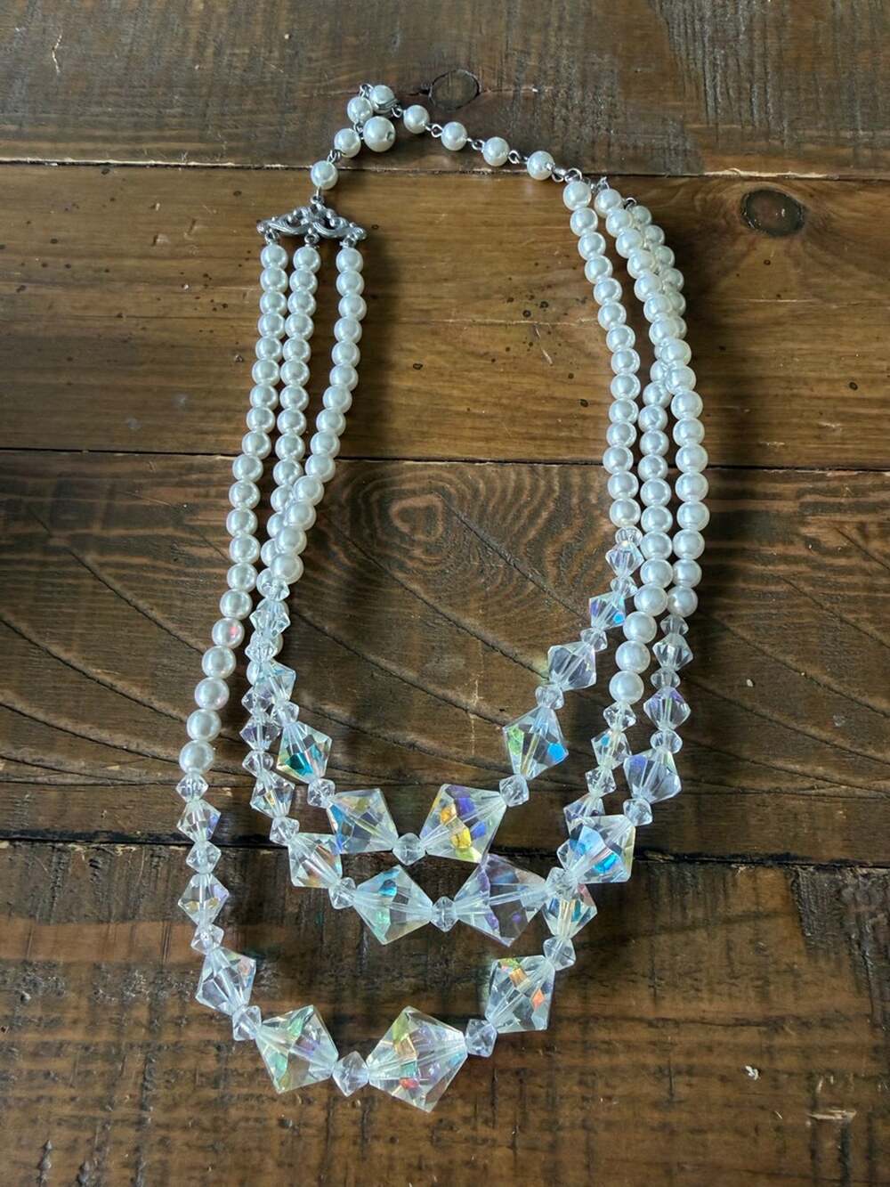 Vintage 3-Strand Faux Pearl & Aurora Borealis Necklace